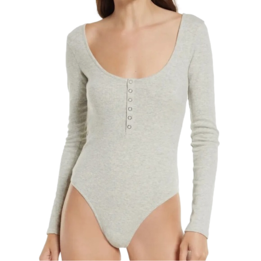 OPEN EDIT Medium Cream Ribbed Organic Cotton Knit‎ Long Sleeve Bodysuit New